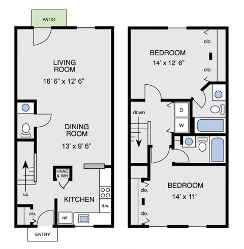 Floor plan for 2 beds, 2.5 baths, 1181 sqft